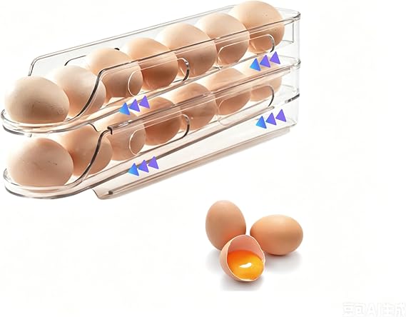 Clear Stackable Rolling Egg Holder for Refrigerator, 1-4Tiers Automatic Egg Dispenser Storage Container, Plastic Fridge Organizer Tray for Kitchen Fresh Egg Storage(2 Packs)