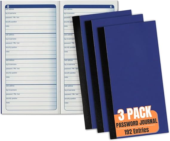 1InTheOffice Password Keeper Book, Password Journal, Password Organizer for Usernames, Logins and Web Addresses, 3 1/4" x 6 1/4", 192 Entries, 3 Pack