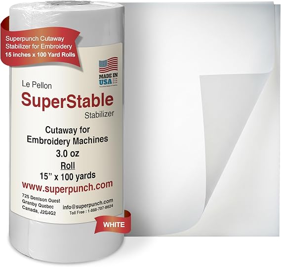 Superpunch Cutaway 3.0 oz Stabilizer for Embroidery Machines, SuperStable White Thick Cut Away Stabilizer-15 inch x 100 Yard Roll, Cut Away Machine Embroidery Stabilizer Backing, Made in USA