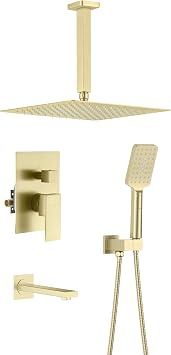 KIBI Cube Bathroom Shower System | 3-Function Ceiling Mounted Shower Faucet Set for Bathroom with Solid Brass Pressure Balanced Construction (Brushed Gold) (KSF413)