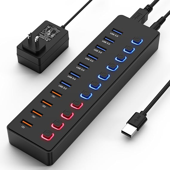 Powered USB Hub 11 Port USB 3.0 Splitter with 7 Data Ports + 4 Smart Charging Ports, Individual On/Off Switches & LED Indicators, Includes 36W Power Adapter for Mac PC Laptop