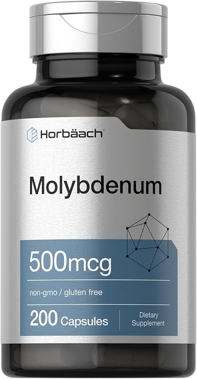 Horbaach Molybdenum Supplement | 500mcg | 200 Capsules | Amino Acid Chelate | Non-GMO, Gluten Free