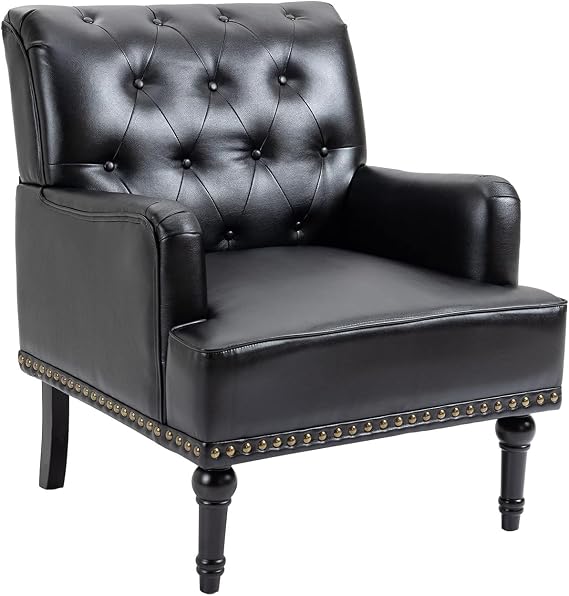MOJAY Faux Leather Accent Chair, Mid-Century Armchair Living Room Sofa Chair with Rubber Wood Leg, Club Chair with Rivet Trim for Bedroom Reading Room Reception (Black)