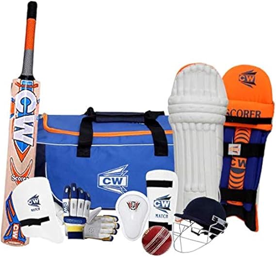 CW SCOREMASTER Cricket Set Cricket Kit Complete Cricket Bundle Cricket Gears Package Single Player Set Premium Sports Cricket Set Adults Full Size Kashmir Willow - Junior Bat Size 5 for Age 10-11 Yr