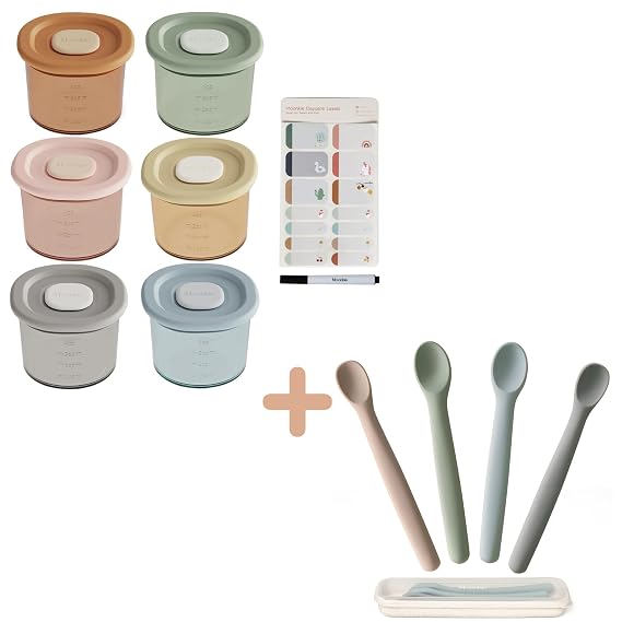 Moonkie Silicone Baby Food Containers 6 Packs and Silicone Baby Spoons Set of 4, Bundle