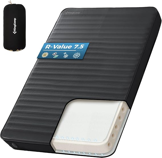 KingCamp Premium Double Camping Mattress, 7.5 R-Value, 2 Person Black | Self-Inflating Sleeping Pad, Full Size, 3" Thick Air & Foam Core, Pump Sack Included, PVC Free, Car Camping SUV Tent