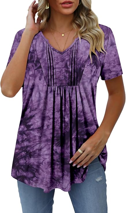 CHICZONE Womens Tops Short Sleeve Henley Shirts V Neck Casual Summer Flowy Blouses Loose Fit