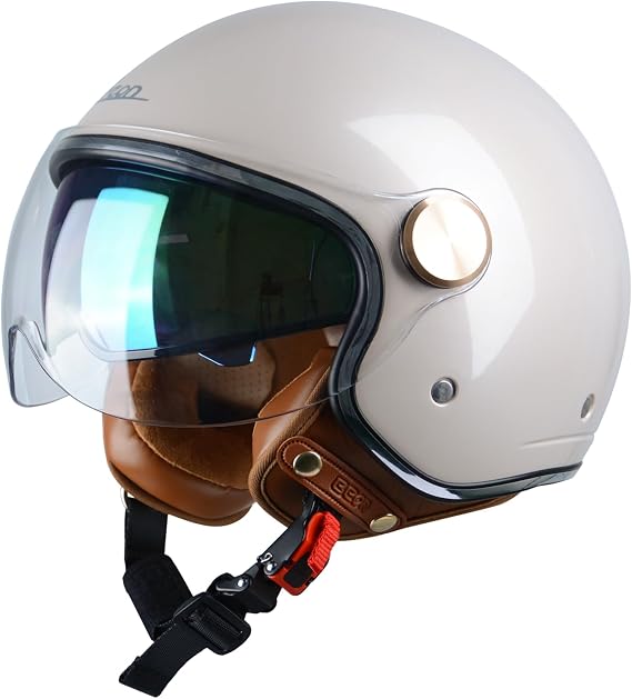 BEON Half 3/4 Face Motorcycle Helmet, DOT Approved, Retro Vintage Style, Dual Visors Mens and Womens Motorbike Casco for Moped Cruiser Bobber and Chopper