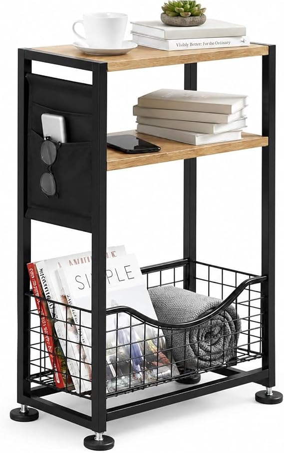 Narrow Side Table, 3-Tier Slim End Table with Magazine Holder and Fabric Storage, Modern Sofa Thin Skinny Bedside Table Nightstand for Small Spaces, Living Room, Bedroom (Oak)