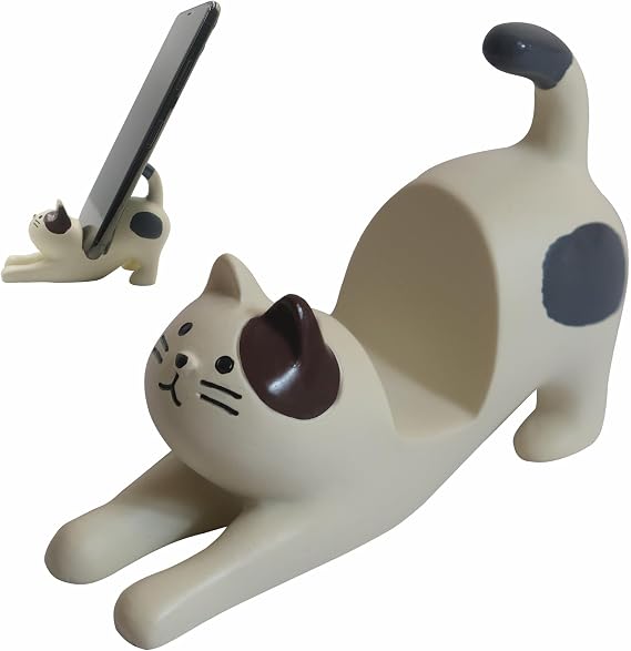 Cute Cell Phone Holder Stand for Desk, iPhone Mount for Office Tablet Accessories Gifts, Cool Desktop Decor Gadgets to Support Your Cellphone for Men Women Boys Girls - Kawaii White Cat