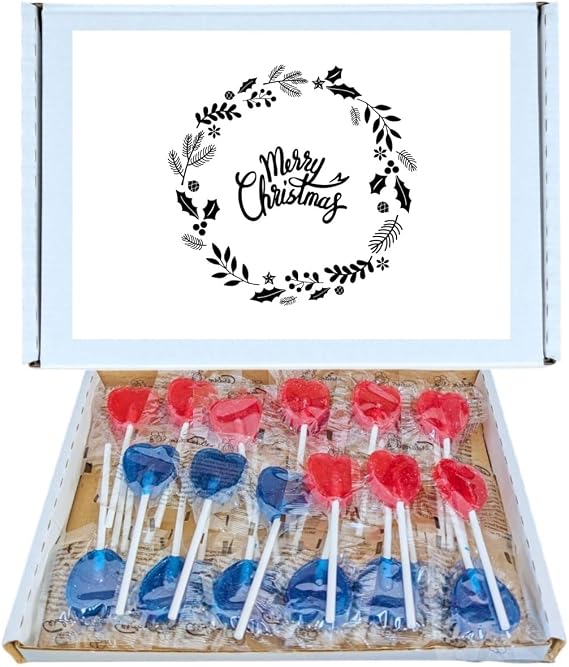 Merry Christmas Retro Sweet Hamper | Red & Blue Mixed Heart Lollipop Box With 15 Cherry & 15 Blue Raspberry Heart Lollipops Sweet & Tangy Candy Gift for Him or Her Bonbon Snack