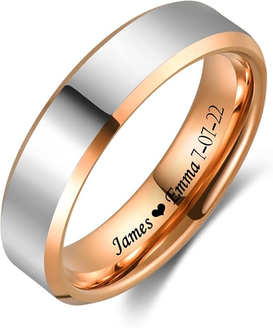 Personalized Tungsten Ring for Men 6mm Black Plated and Rose Gold Customized Tungsten Engagement Wedding Band Polished Finish Comfort Fit Size 9