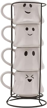 Halloween White Ghost Stoneware Stackable Mug Set with Iron Rack