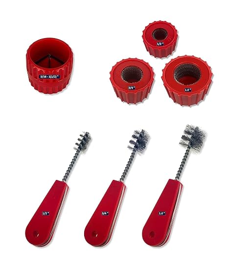 Copper Pipe Cleaner Set [7PC_3-Size] 3 Pipe Cleaning Brushes 3 Fitting Cleaners and 1 Reamer, Clean 1/2, 3/4, 1.0-Inch Pipes & Fittings for Soldering