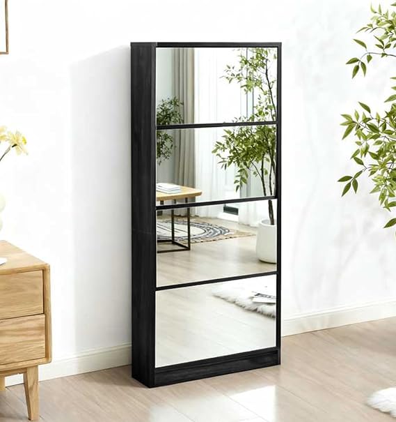 Wooden Clog Case, Slim, Thin, Mirror Included, 4 Tiers, Wood Vertical, Shoe Cabinet with Mirror, Shoe Rack, Shoe Storage Rack, Door, Large Capacity, Entrance Storage, Dustproof, Space Saving, Stylish, Living Alone, Fall Prevention Tools, Required Width 24.8 x Depth 6.7 x Height 55.1 inches 63 x 17 x 140 cm Black