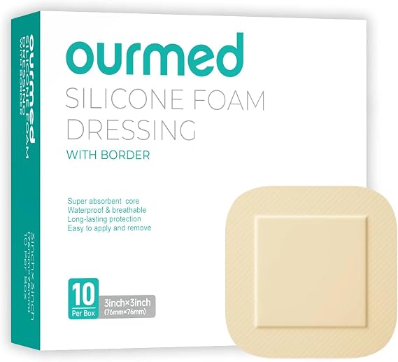 Ourmed Silicone Foam Dressing with Border Adhesive - Large Absorbent Waterproof Bandage for Wound Care, Foot Diabetic Ulcer, Leg Ulcer, 3" x 3", 10 Pack