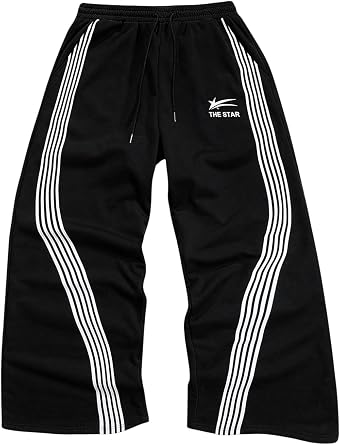 SHENHE Men's Y2k Graphic Baggy Sweatpants Wide Leg Striped Open Bottom Drawstring Sweatpants
