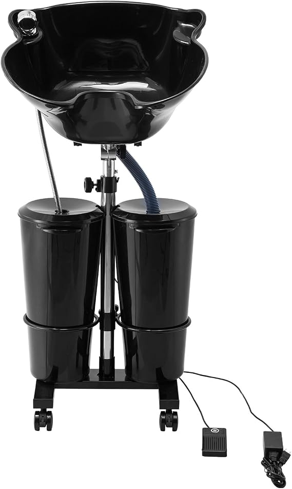 Happybuy Portable Shampoo Bowl,Black, Shampoo Sink for Washing Hair with Electric Pump, Includes 2 Buckets 2 Showerheads, Drain Hose, Height and Angle Adjustable Portable Wash Bowl for Home Salon Use