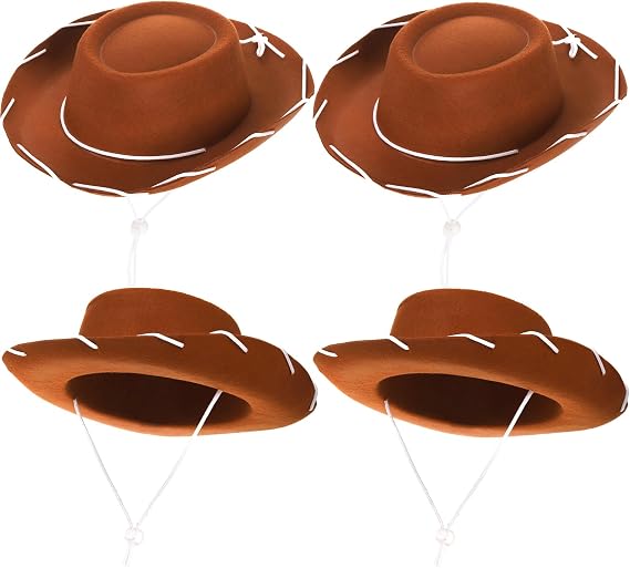 Peohud 4 Pack Felt Cowboy Hat for Kids, Small Western Cowgirl Hat, Wide Brim Cowboy Hat with Neck Drawstring, Cosplay Costume Accessories for Halloween Dress Up Party