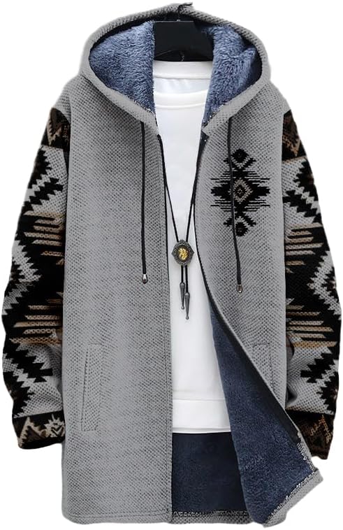 BIVENANT Men's Long Cardigan Hoodies Aztec Cowboys Hooded Jackets Zip up Western Fleece Winter Coats with Pockets