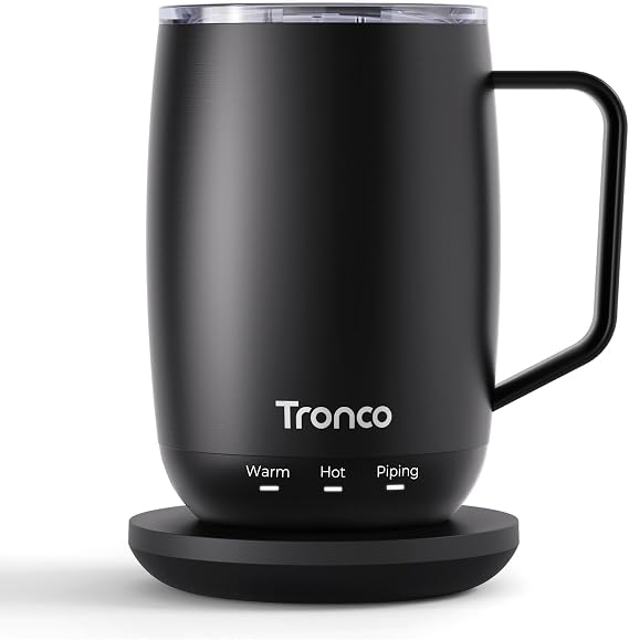 Tronco Temperature Control Heated Coffee Mug 14 oz Rechargeable Self-Heating Smart Mug with Lid Manual Control, 3 Modes, 130 Min Battery Life, Auto Shut-Off (Black)