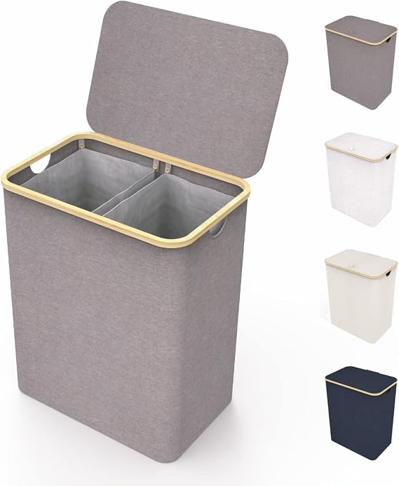 LONBET 150L Double Laundry Basket with Lid and Sturdy Bamboo Frame - Aesthetic Laundry Hamper with Side Handles, Made from Breathable Fabric - Laundry Bin with Removable Bag, Clothes Basket Grey