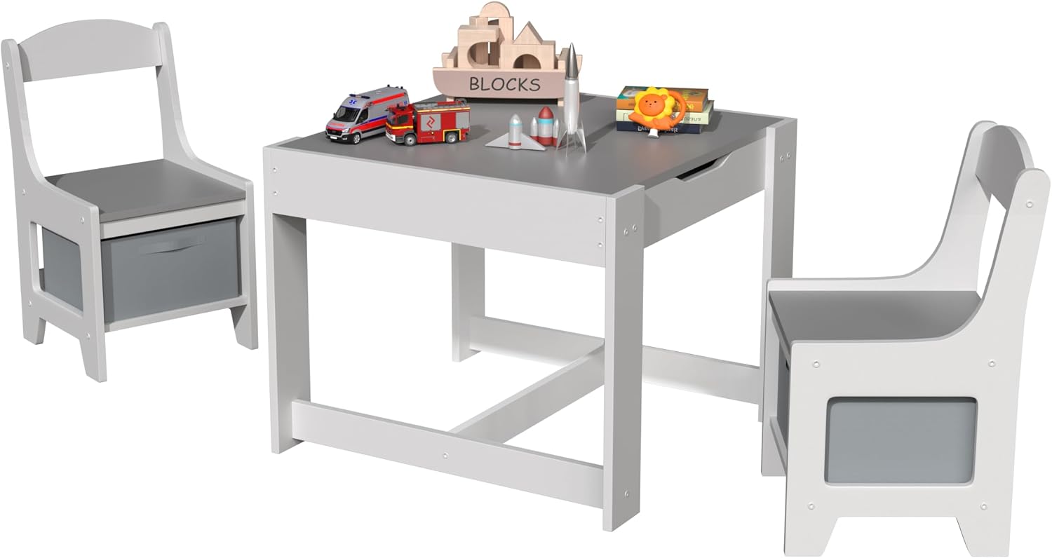 Kids Table and Chair Set, 4 in 1 Wooden Activity Table and Chairs Set with Storage, Toddler Furniture Set for Arts, Crafts, Homework, Playroom, Nursery, Gray