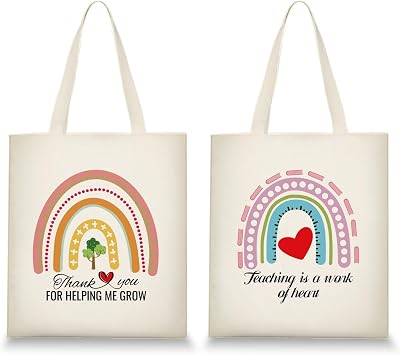 Teacher Appreciation Gifts for Women Teacher Canvas Tote Bag End of Year Teacher Bags Reusable Rainbow Tote Bag for Christmas Birthday Valentines Thank you Teacher Bags 2 Pcs