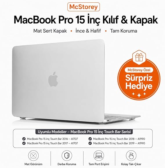 McStorey MacBook Pro 15 Mat Kılıf A1707 A1990 Uyumlu Sert TPU Kılıf İnce Hafif Koruyucu Kapak 2016-2019 Şeffaf