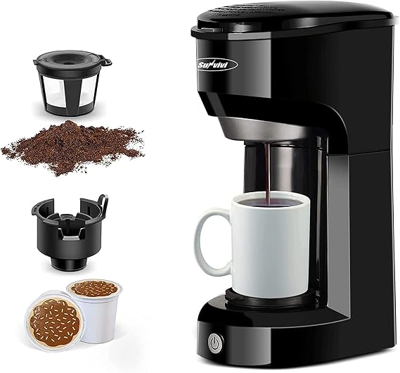 Single Serve Coffee Maker for Single Cup Pods & Ground Coffee, 2 in 1 One Serve Coffee Brewer With Permanent Filter,One-touch Control Button with Illumination (Black) ETL Certified1