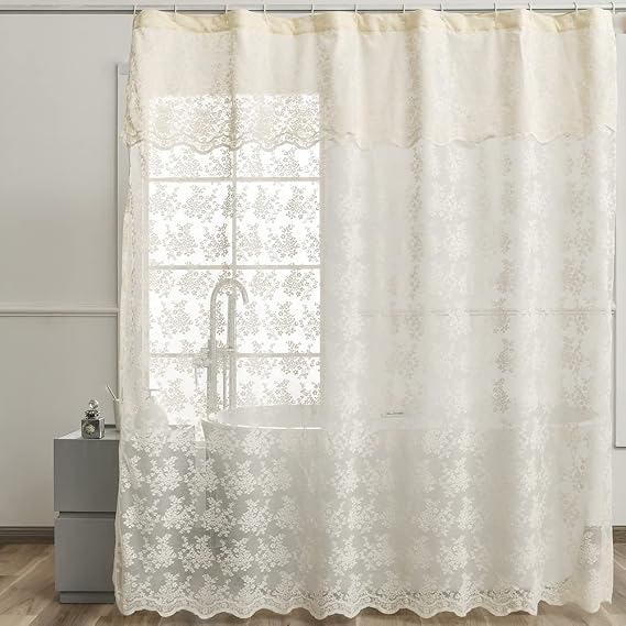 Ivory Lace Shower Curtain 72x72, Vintage Shabby Chic with Attached Valance