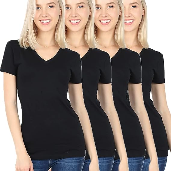 Zenana 4 Pack Women's Basic Solid V-Neck T-Shirts
