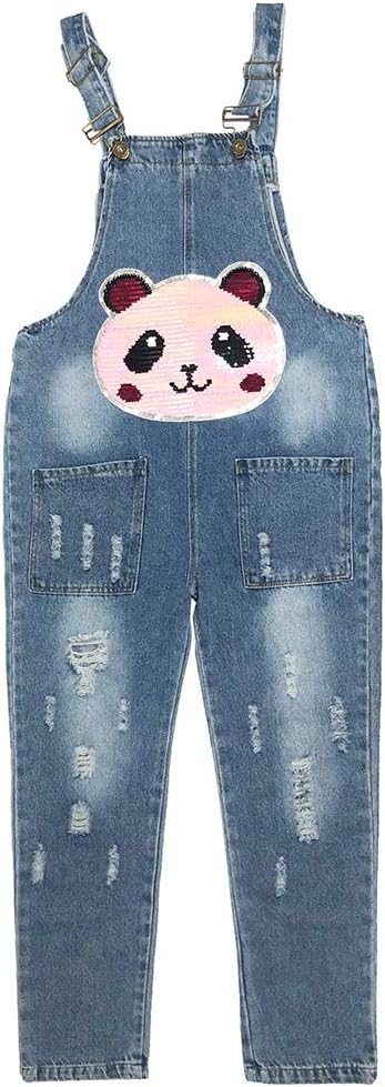 Peacolate 4-14Years Big Girls Jumpsuit&Rompers Overalls Blue Denim Color Changeable Sequin Panda Pants