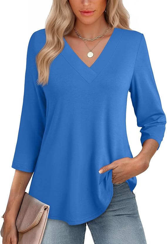 JUSTFASHIONNOW Womens 3/4 Length Sleeve Tops V Neck Curved Flowy Tunic Tops