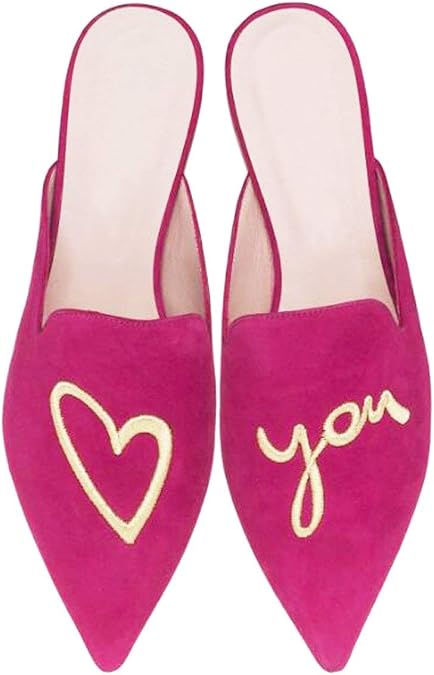 Fericzot Women's Velvet Backless Pointed Toe Slip On Loafers Flats Embroidery Mule Slippers Shoes