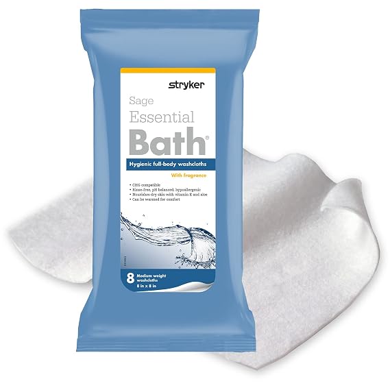 Essential Comfort Bath Cleansing Washcloths - 1 Package, 8 Cloths - No Rinse Bathing Wipes, Ultra-Soft and Thick Heavyweight Cloth, Light Fragrance...