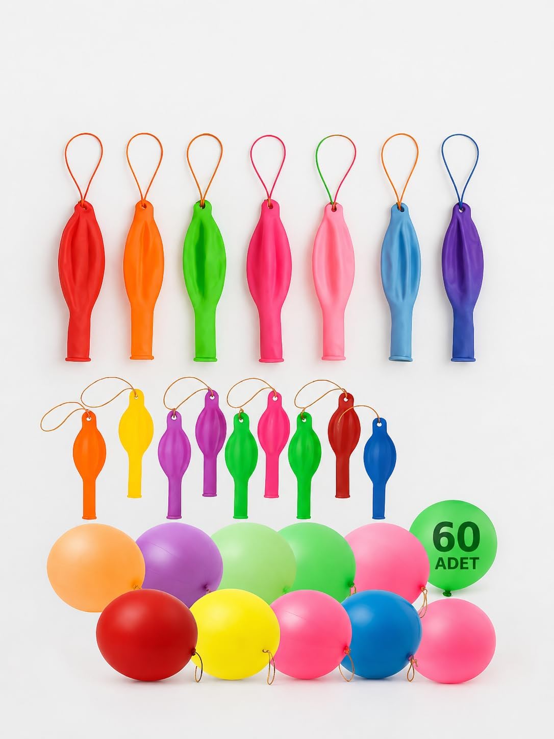 60 Adet Lastikli Zıpzıp Balon İpli Punch Panç Büyük Balon