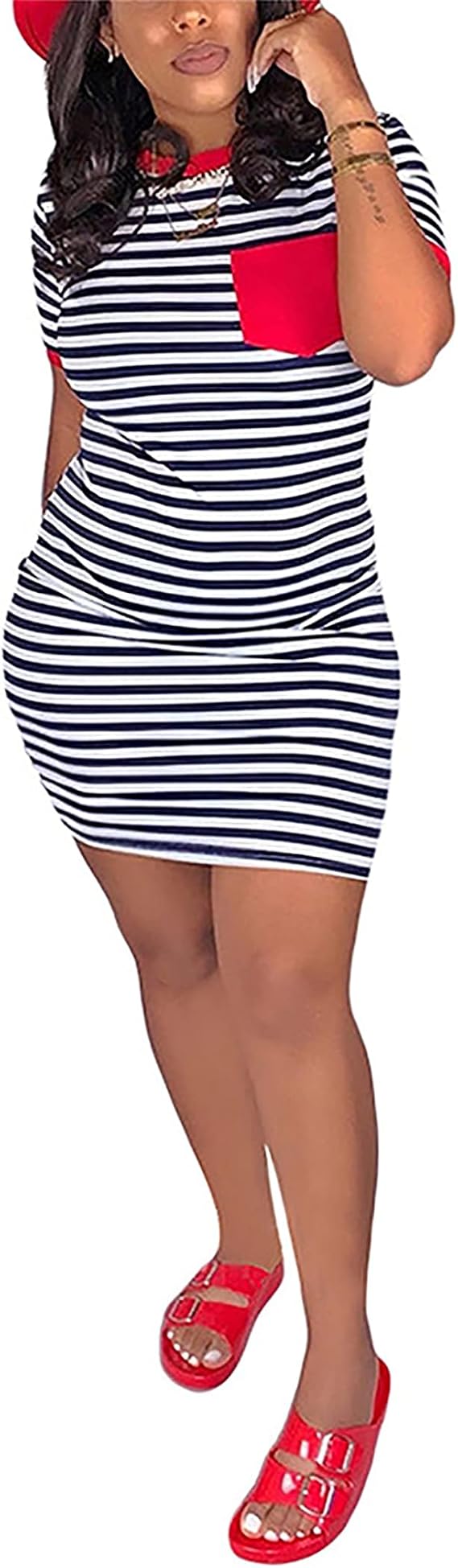 Women's Crew Neck Short Sleeve Striped Bodycon T-Shirt Mini Dress with Pocket