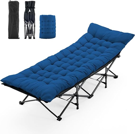 NEWBULIG Folding Camping Cot, Compact Foldable Bed for Indoor & Outdoor, Portable Sleeping Cot, Removable Cushion for Adults, Heavy Duty 440 lbs Capacity, Oxford Fabric,74.4x28x13.8 in, Blue