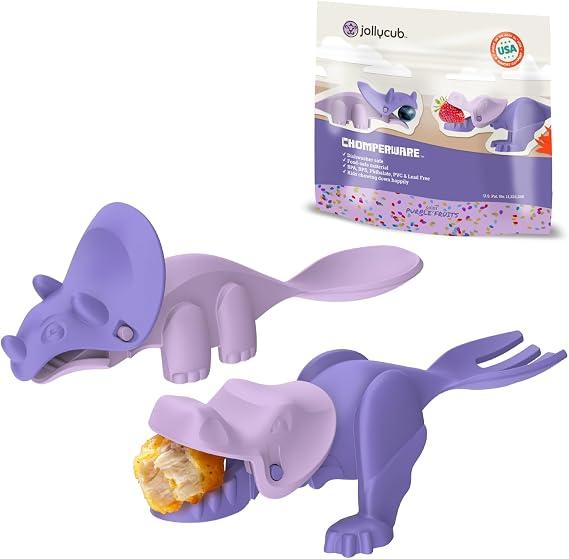 Jollycub Interactive Toddler Utensils, Dino ChomperwareTM, Kids Silverware Set, BPA Free, Made in USA (Purple Fruits)