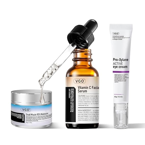 VGO Skin Care Set, with Snail Mucin 92% Moisturizer, Vitamin C Serum & Pro-Xylane Active Eye Cream, 3-Step Skin Care Kit, Day & Night Skincare Routine