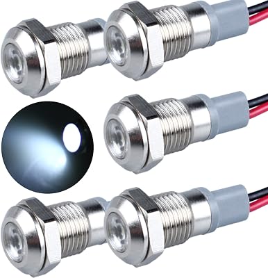 5 Pcs 12V-24V 20mA Energy Saving LED Indicator Light Mounting Hole 8mm 13 Waterproof with 15cm5.9in. Wire for Car Truck Boat White LED