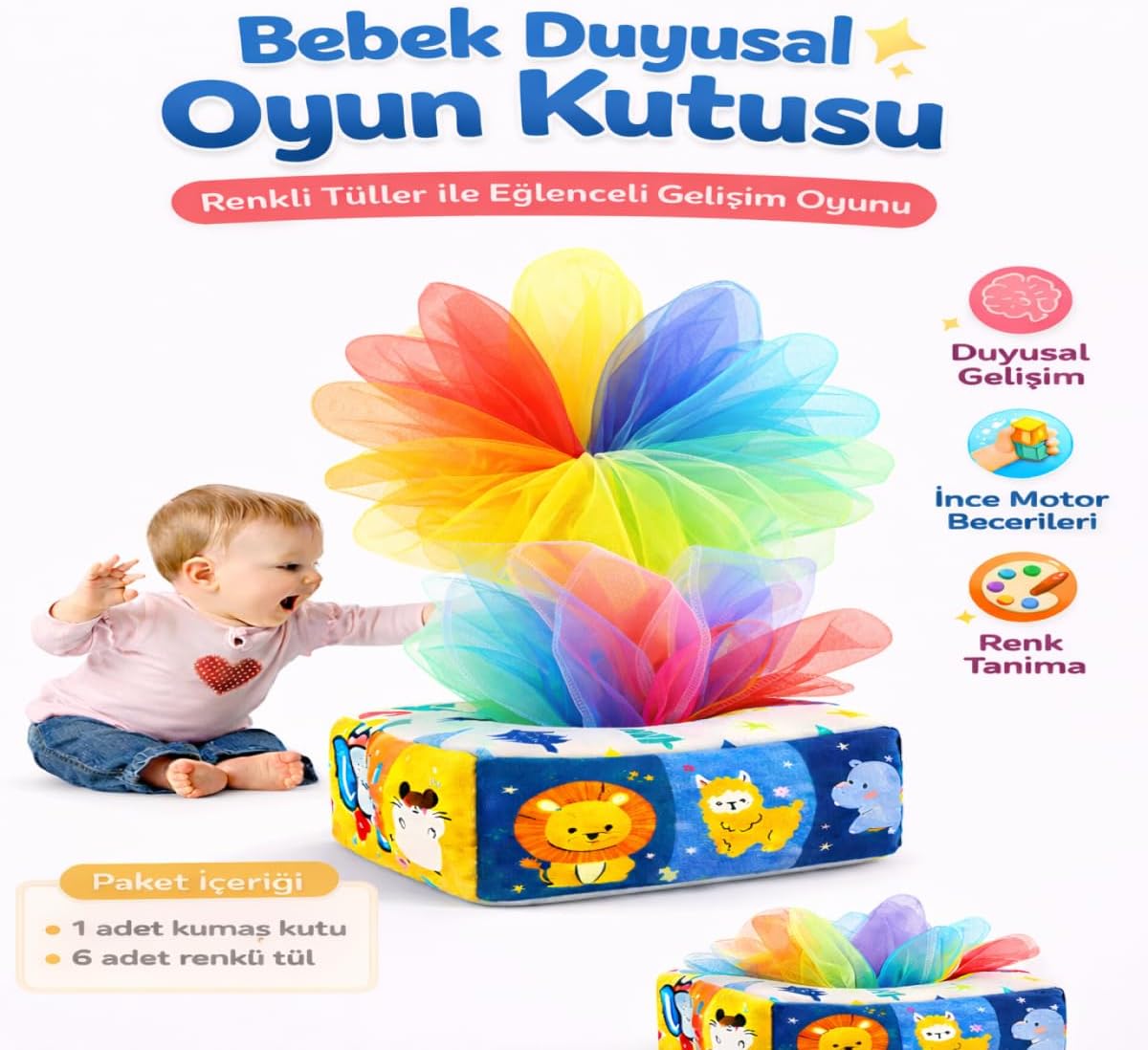 TİNEKE Bebekler İçin Eğitici Duyusal Oyun Kutusu Oyuncağı Renkli Tül Oyunu Peçetelik Eğitici Oyuncak