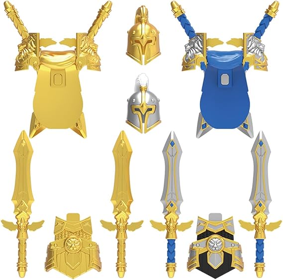 Medieval Dual Sword Knights Weapons Accessory Set Including Helmet Armour Sword Designed for Mini Figure, Military Equipment Sets for Building Battle Scene (10PCS)