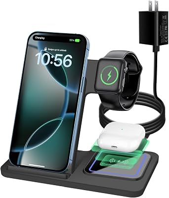 Wireless Charger 3 in 1 Wireless Charging Station Stand for Multiple Devices,15W Fast Charging for iPhone 16 15 14 13 12 11 Pro Max, XS XR 8 Plus, AirPods,Apple Watch Series 109876543Ultra 2