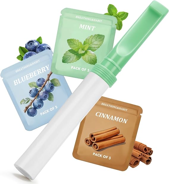 1 PC Mint Flavoured Air Inhaler Habit Replacing Breathing Stick,Version 2.0 Anxiety Relief Set with 3 Pack Mix Flavoured Filters,Mint,Cinnamon,Blueberry(15 Pieces Filters)