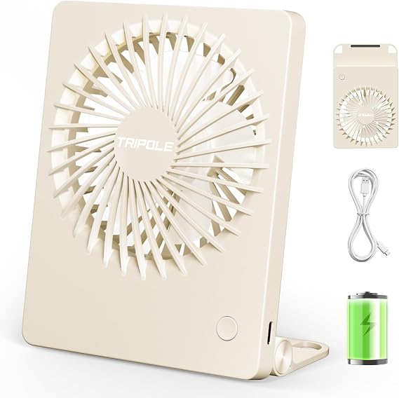 TriPole Mini Portable Desk Fan Rechargeable Ultra Quiet Small Fan 4.5 Inch Personal Travel Fan with 180 Tilt Folding and 3 Speeds Adjustable for Office Desktop Bedroom (Beige)