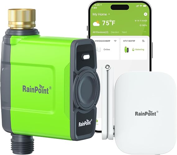 RAINPOINT WiFi Water Timer for Garden Hose, WiFi Sprinkler Controller, Smart Hose Timer Valve, Automatic Drip Irrigation System/Rain Delay for Garden/Lawn/Yard (Brass Inlet, WiFi Gateway)