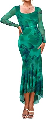 Lrady Womens Long Sleeve Ruffle Bodycon Formal Cocktail Party Wedding Guest Vacation Maxi Long Dresses
