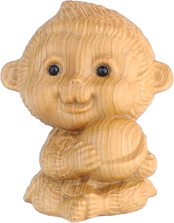 Cute miniature wooden Monkey statue, natural wood hand-carved animal small sculpture, Chinese 12 zodiac wooden art collectible gift, suitable for home or office decorations (Monkey)